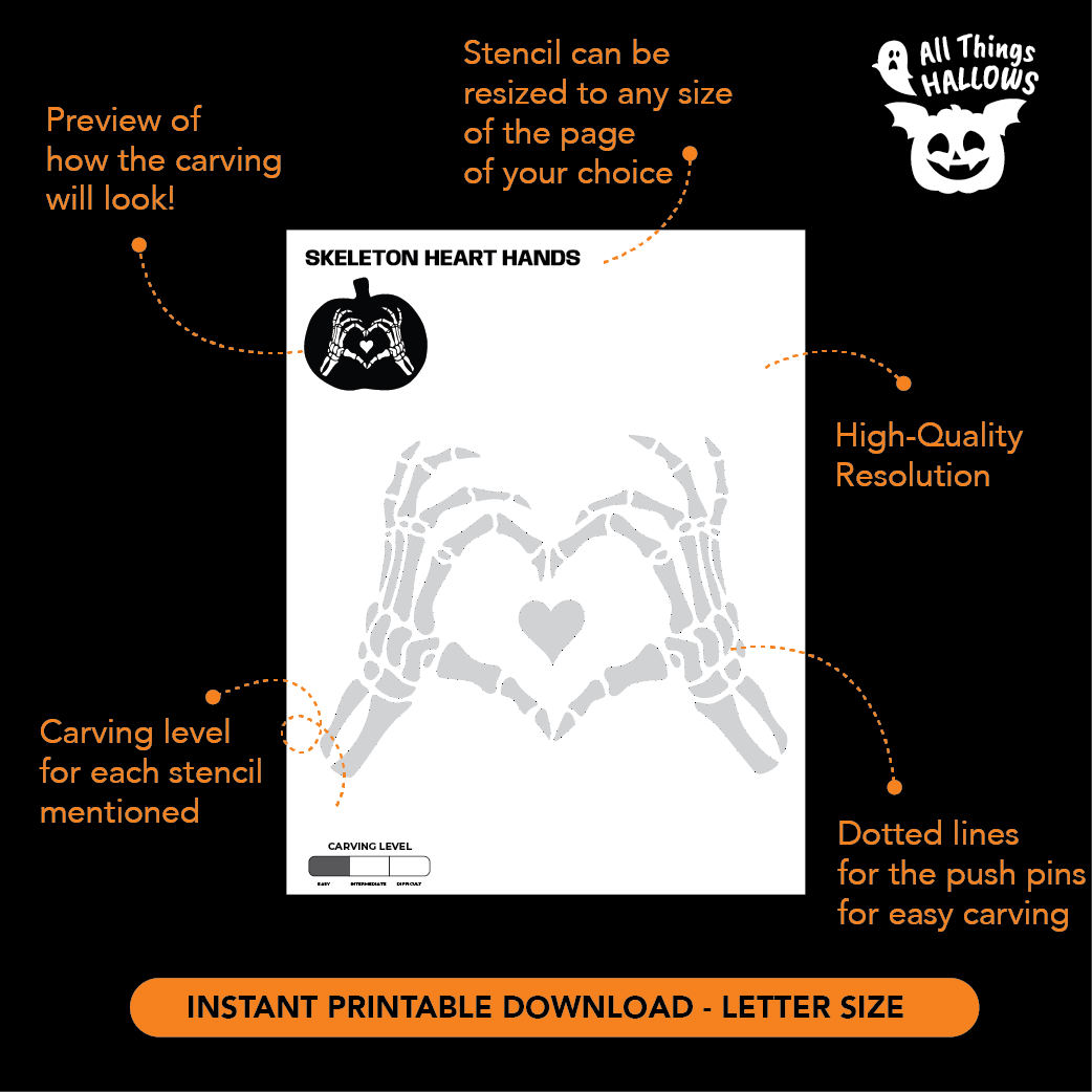 Skeleton Heart Hands Pumpkin Stencil