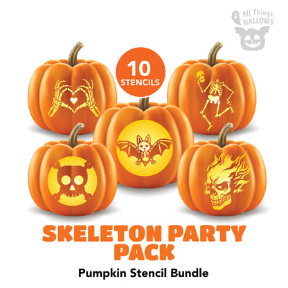 Skeleton Party Pack pumpkin stencil bundle featuring 10 printable Halloween skeleton and skull carving designs.