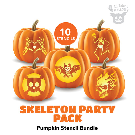 Skeleton Party Pack pumpkin stencil bundle featuring 10 printable Halloween skeleton and skull carving designs.