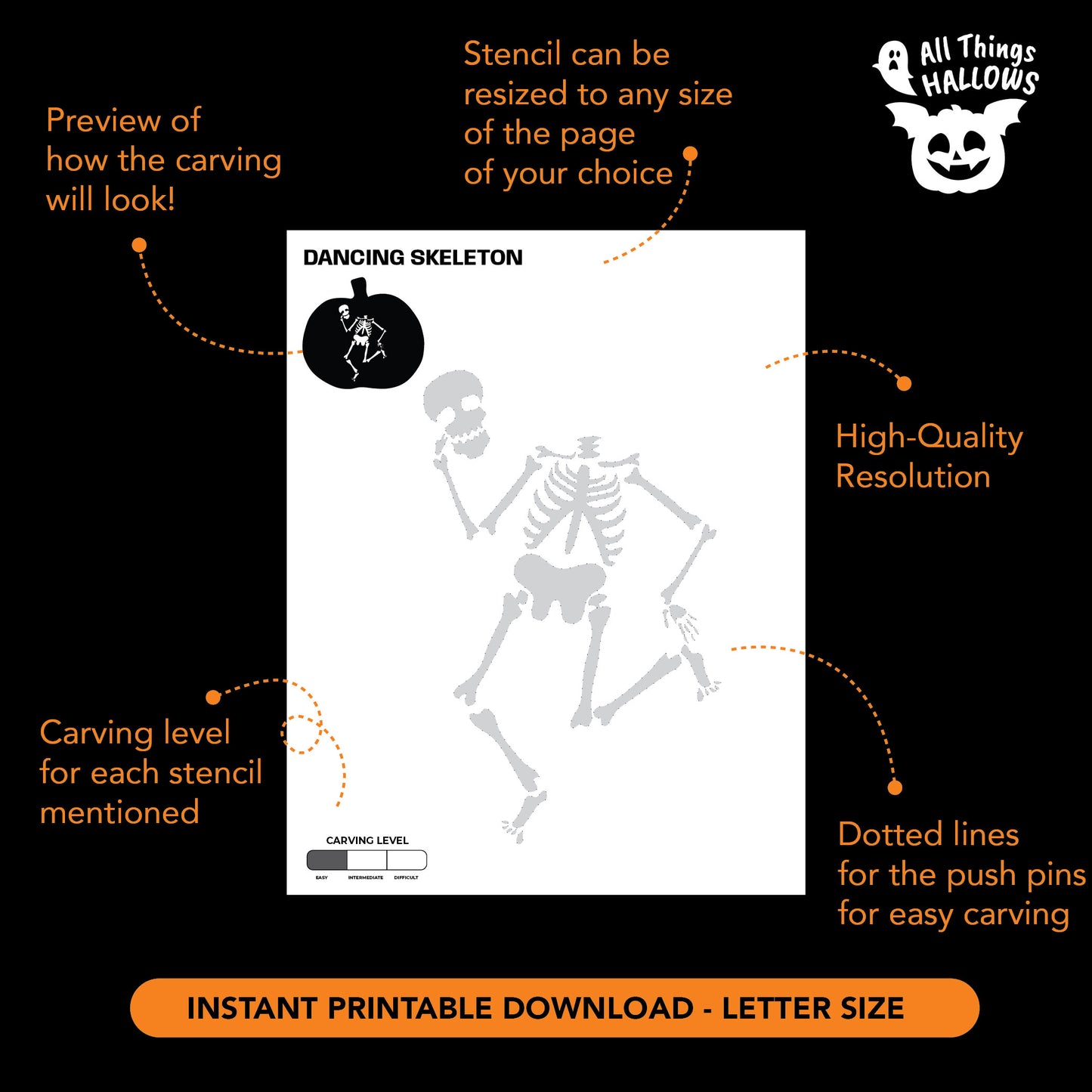 Printable Dancing Skeleton pumpkin stencil template with carving preview, push-pin guide dots, and instant digital download.