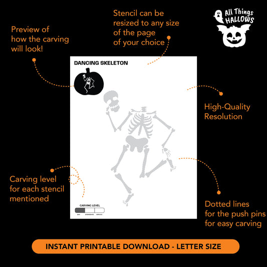 Printable Dancing Skeleton pumpkin stencil template with carving preview, push-pin guide dots, and instant digital download.