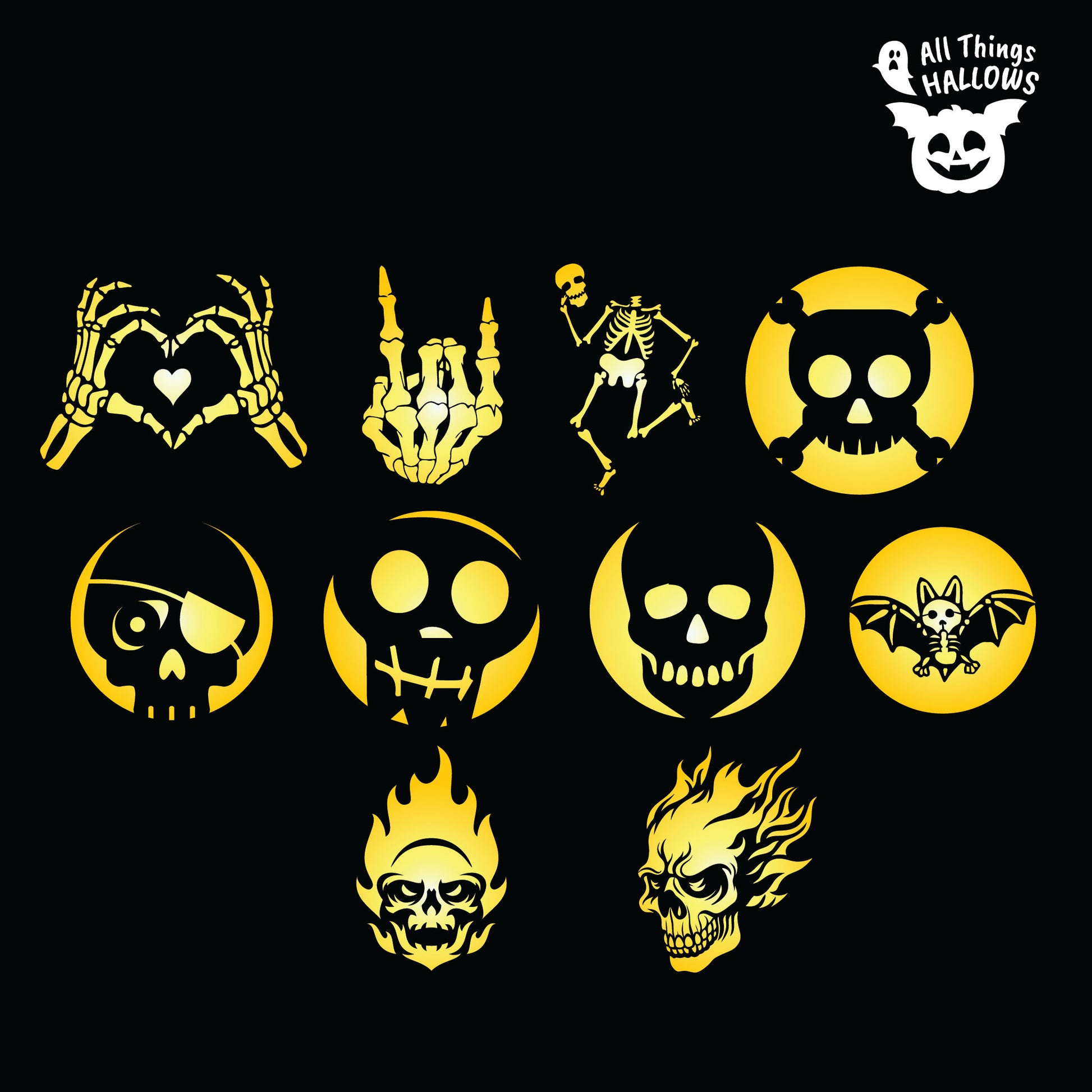 Collection of 10 skeleton-themed pumpkin stencil designs including skulls, skeleton hands, dancing skeleton, bat skeleton, and flaming skulls.