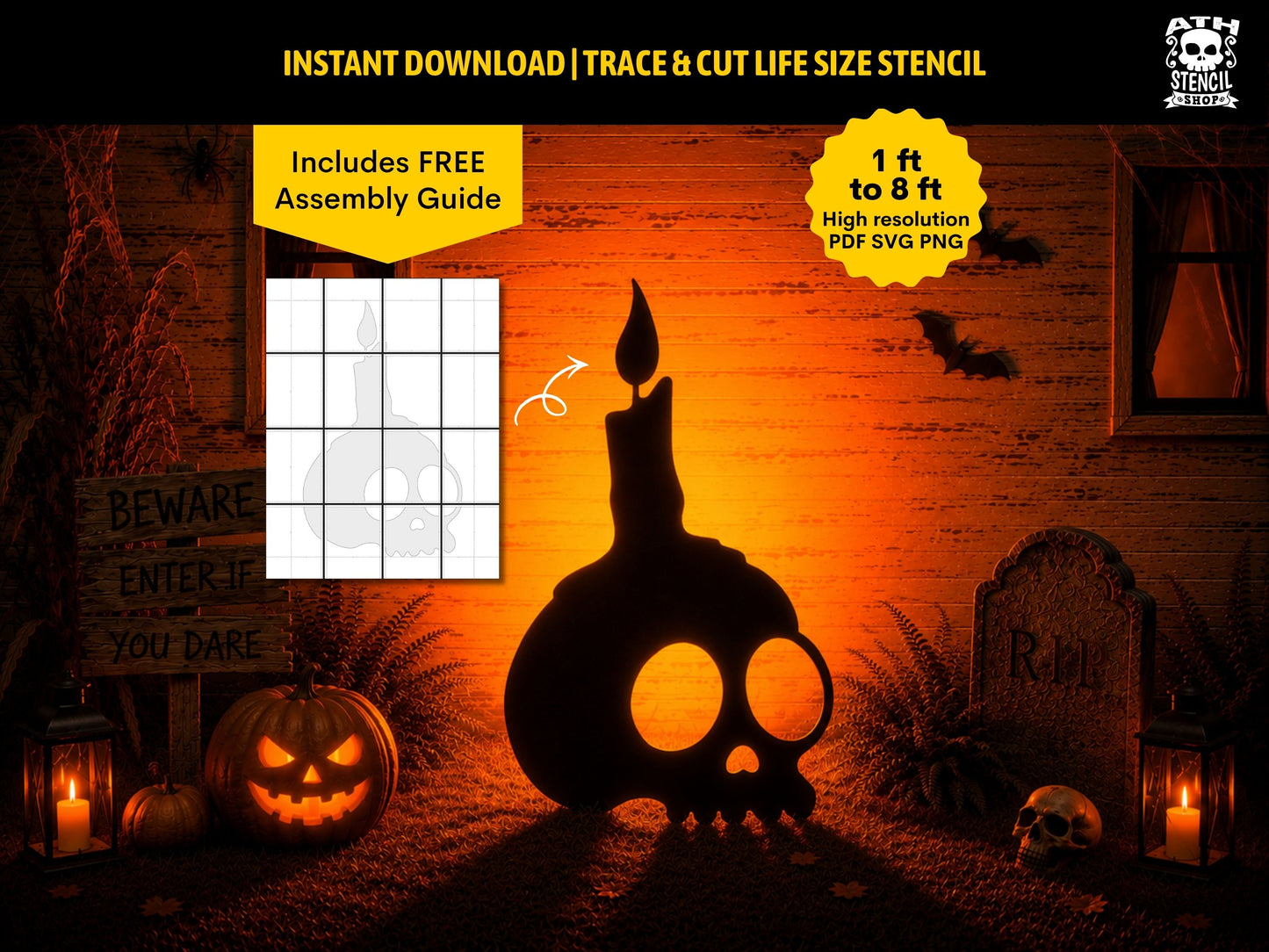 Skull Candle life-size Halloween yard stencil displayed in a spooky outdoor scene with instant digital download and printable template.
