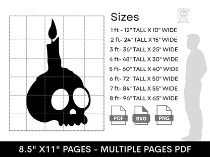 Skull Candle yard stencil size chart showing printable template dimensions from 1 foot to 8 feet tall in PDF, SVG, and PNG formats.