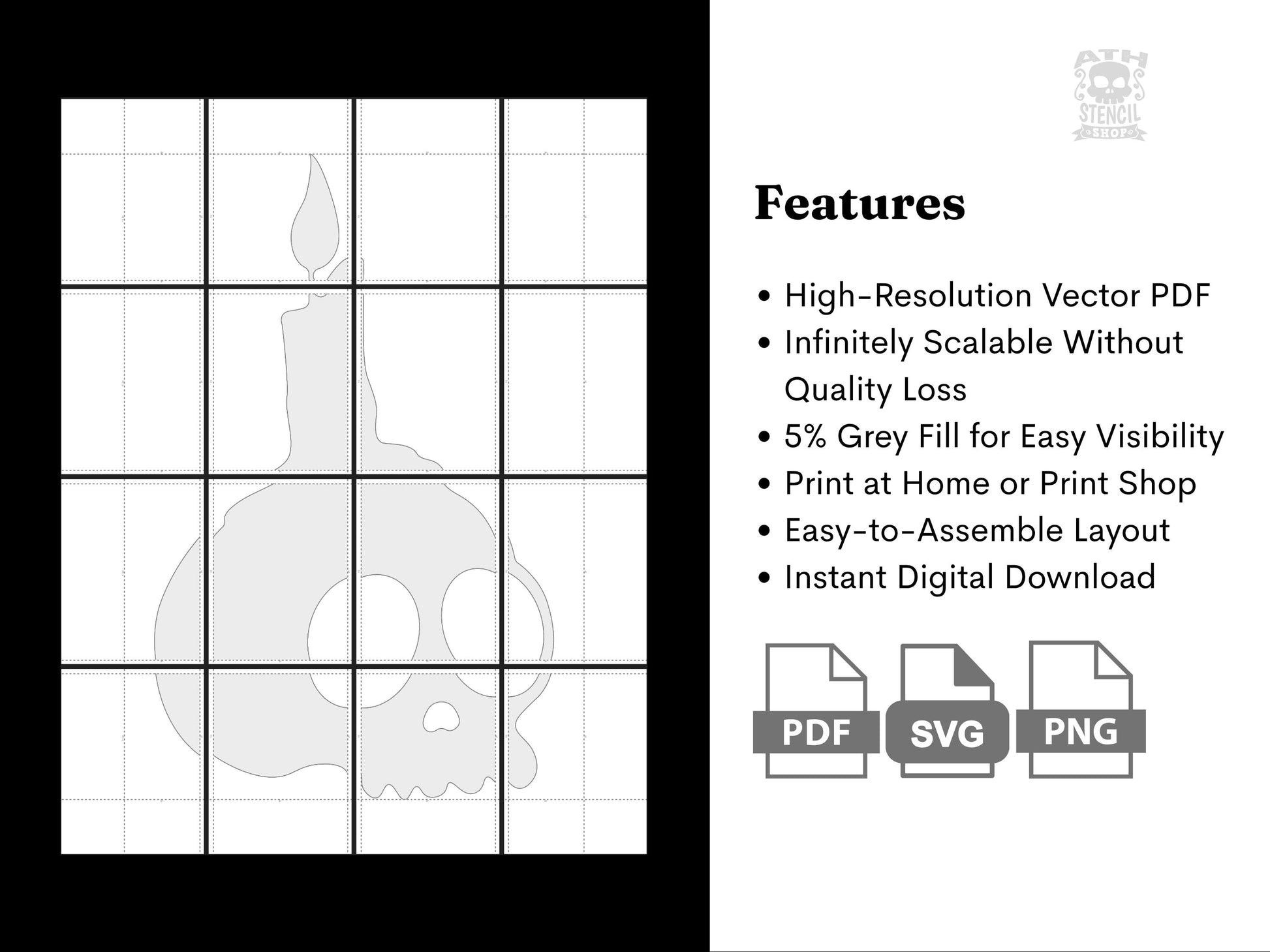 Printable Skull Candle yard stencil template with high-resolution PDF, SVG, PNG files, and instant digital download features.