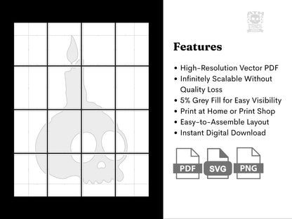Printable Skull Candle yard stencil template with high-resolution PDF, SVG, PNG files, and instant digital download features.