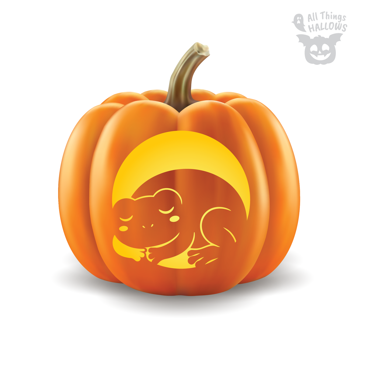 Sleeping Frog Pumpkin Stencil preview showing a curled sleeping frog beneath a glowing crescent moon carved into an orange pumpkin.