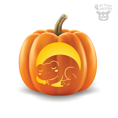 Sleeping Frog Pumpkin Stencil preview showing a curled sleeping frog beneath a glowing crescent moon carved into an orange pumpkin.