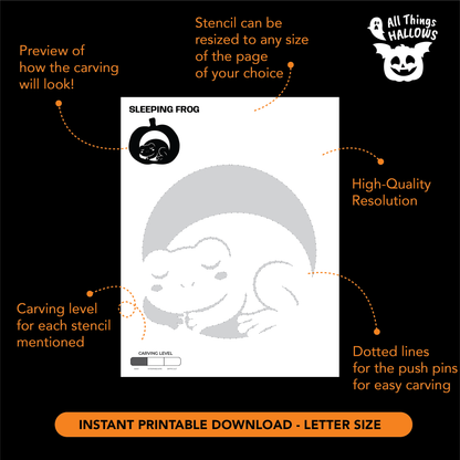 Printable Sleeping Frog Pumpkin Stencil showing a sleeping frog under a crescent moon with resizing, push pin and carving instructions.