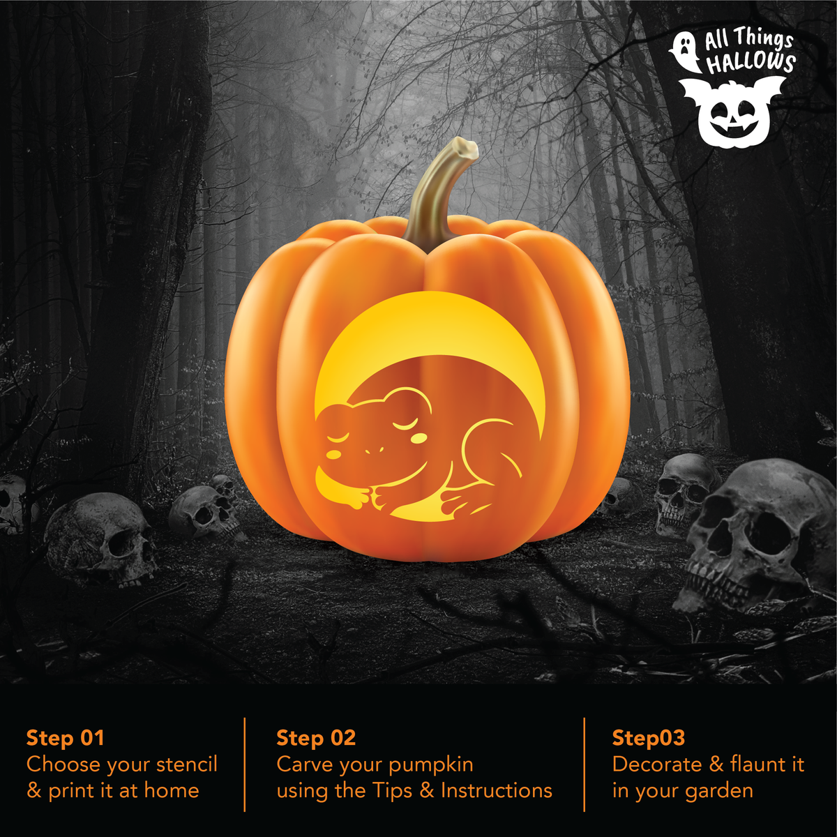 Sleeping Frog Pumpkin Stencil carved on an orange pumpkin displayed in a spooky Halloween forest with skull decorations.