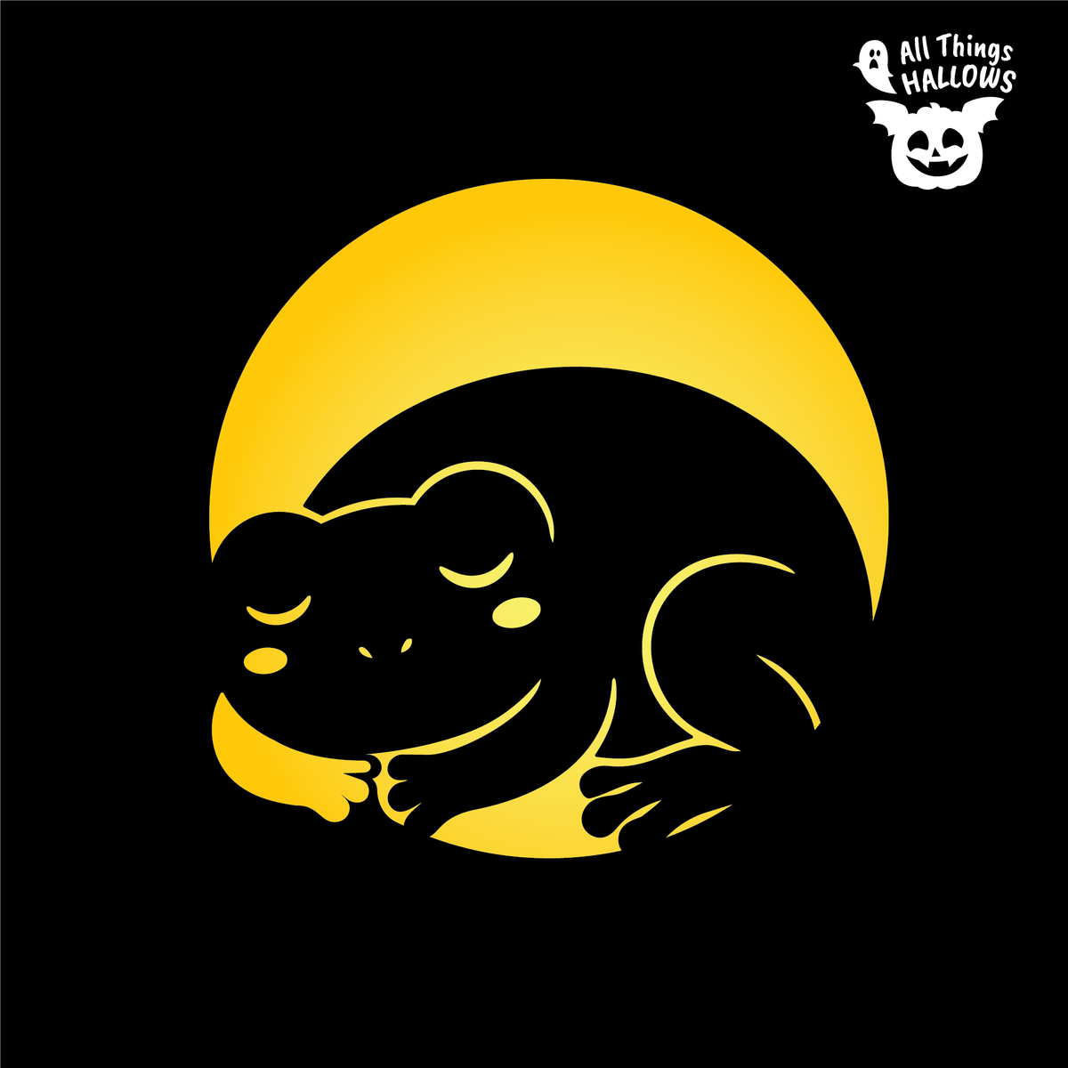 Sleeping Frog Pumpkin Stencil design featuring a curled sleeping frog resting beneath a large yellow crescent moon on a black background.