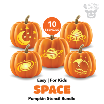 Space Pumpkin Carving Stencil Bundle featuring 10 printable space-themed pumpkin carving templates including planets, UFOs, astronaut, galaxy, moon, and rocket designs.