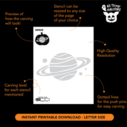 Printable Saturn planet pumpkin carving stencil with high-resolution PDF template, push-pin guides, and instant digital download.