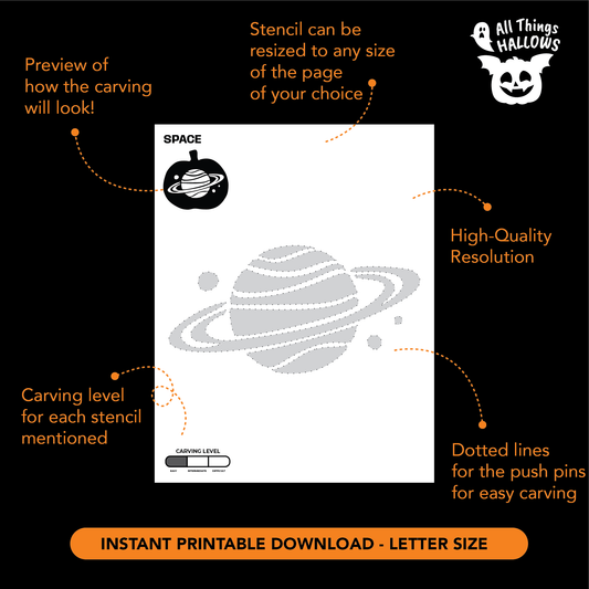 Printable Saturn planet pumpkin carving stencil with high-resolution PDF template, push-pin guides, and instant digital download.