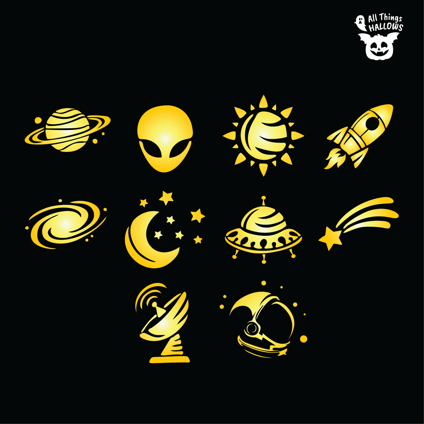 Collection of 10 space-themed pumpkin carving stencil designs including planet, alien, astronaut, rocket, galaxy, moon, UFO, shooting star, satellite dish, and sun.