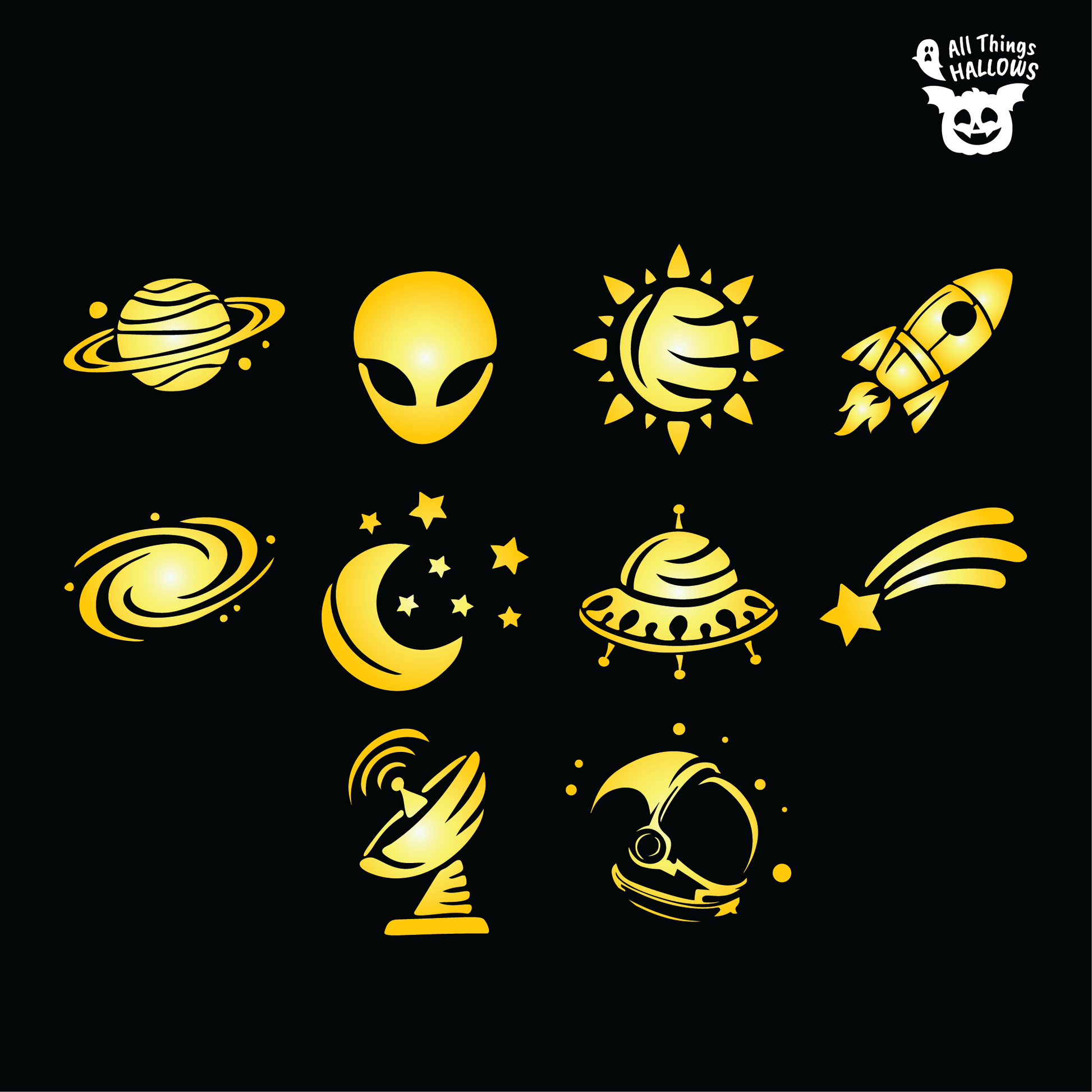 Collection of 10 space-themed pumpkin carving stencil designs including planet, alien, astronaut, rocket, galaxy, moon, UFO, shooting star, satellite dish, and sun.