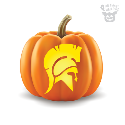Spartan Helmet Pumpkin Stencil carved onto an orange pumpkin, featuring a bold ancient warrior helmet with a tall crest and face guard.
