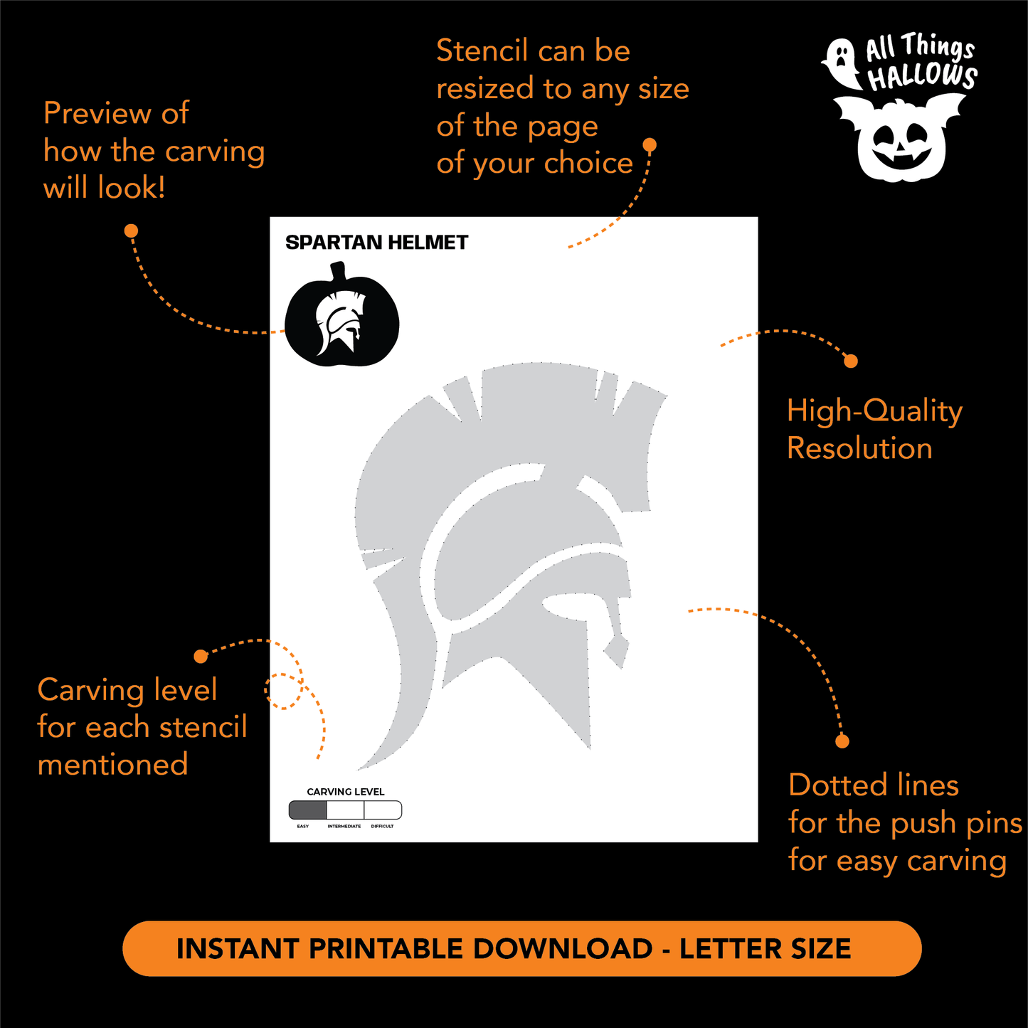 Printable Spartan Helmet Pumpkin Stencil showing the warrior helmet design, carving level guide, dotted transfer lines, and instant printable download details.