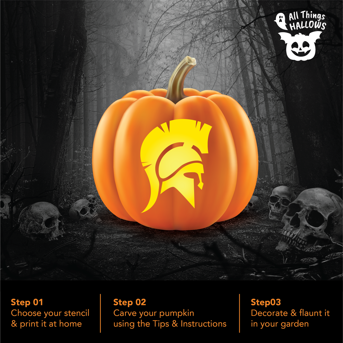Finished Spartan helmet pumpkin carving displayed in a dark spooky forest surrounded by skulls, with step-by-step instructions for carving and decorating.
