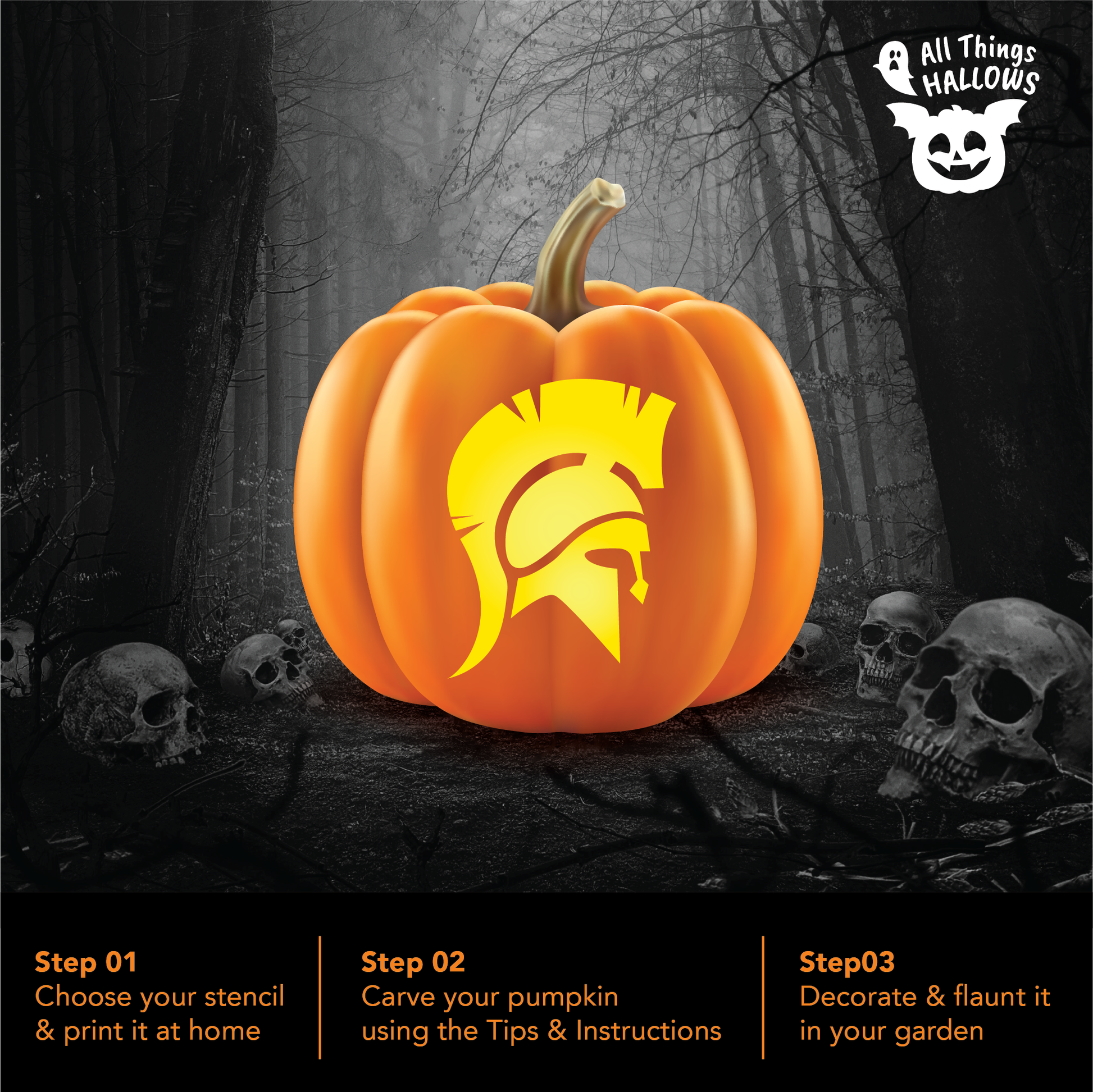 Finished Spartan helmet pumpkin carving displayed in a dark spooky forest surrounded by skulls, with step-by-step instructions for carving and decorating.