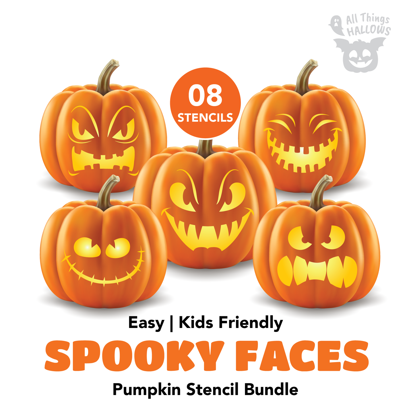 Spooky Faces Pumpkin Stencil Bundle featuring 8 easy kid-friendly Halloween pumpkin carving patterns with creepy eyes, wicked grins and scary faces.