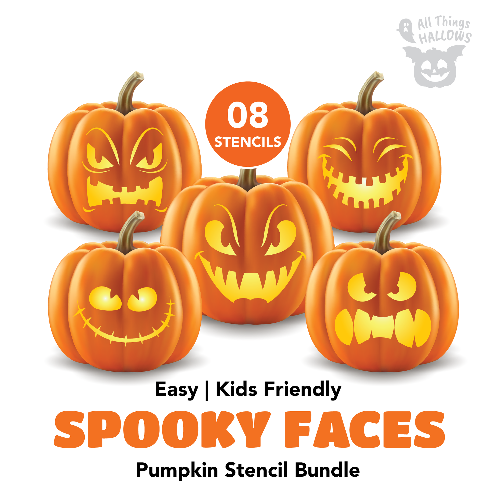 Spooky Faces Pumpkin Stencil Bundle featuring 8 easy kid-friendly Halloween pumpkin carving patterns with creepy eyes, wicked grins and scary faces.