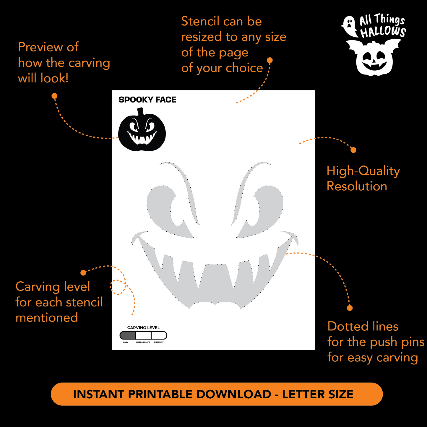 Printable spooky face pumpkin stencil preview with sinister eyes and sharp toothy grin, including carving level and resizing information.