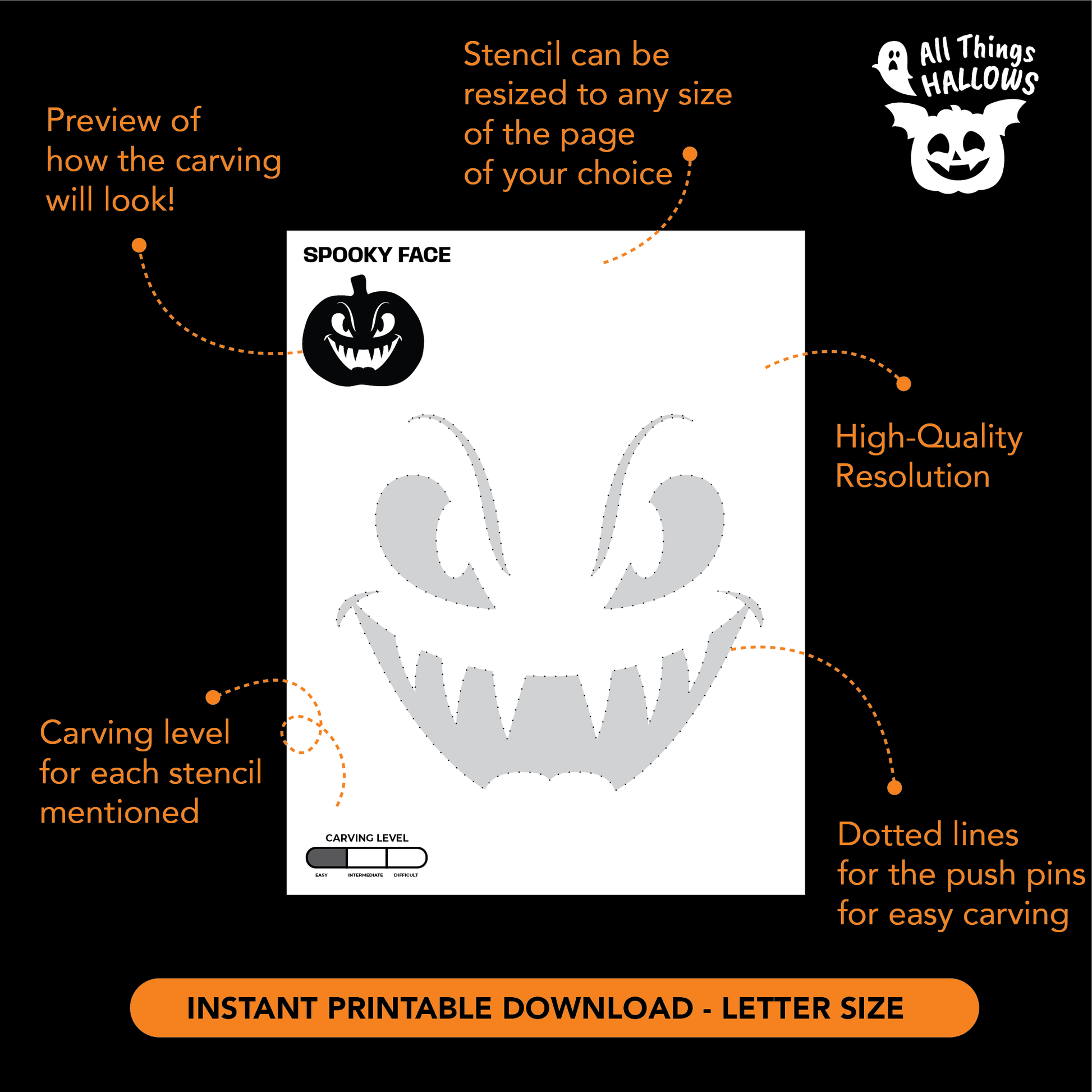 Printable spooky face pumpkin stencil preview with sinister eyes and sharp toothy grin, including carving level and resizing information.