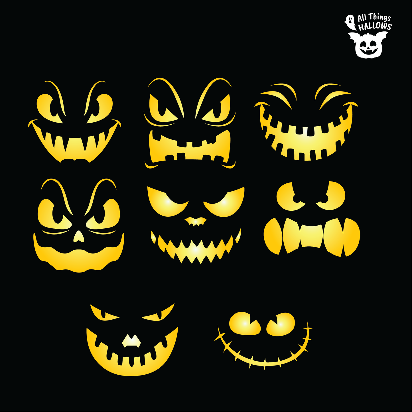 Collection of 8 Spooky Faces Pumpkin Stencils featuring mischievous eyes, creepy smiles, monster teeth and classic Halloween jack-o'-lantern expressions.