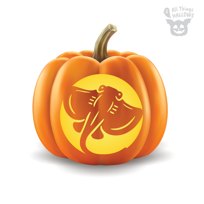 Stingray Pumpkin Stencil carved on an orange pumpkin featuring a detailed stingray with sweeping fins and a curved tail against a glowing circular background.