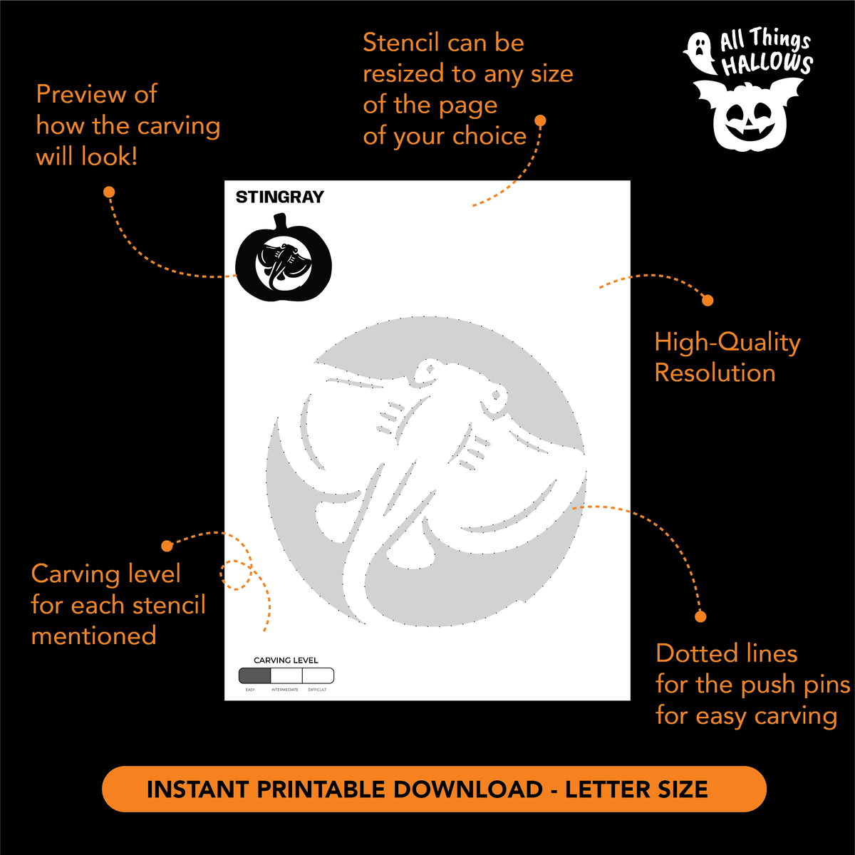 Printable Stingray Pumpkin Stencil showing the carving pattern, dotted push pin guidelines, resizing information and carving difficulty level.