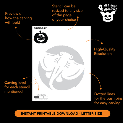 Printable Stingray Pumpkin Stencil showing the carving pattern, dotted push pin guidelines, resizing information and carving difficulty level.