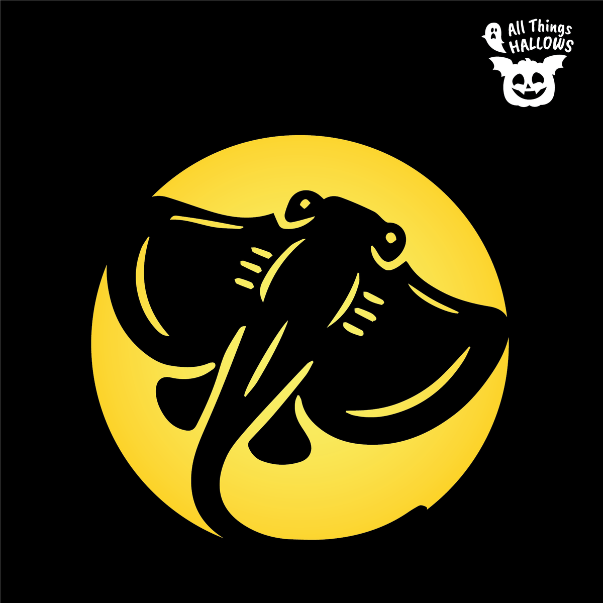Stingray Pumpkin Stencil design featuring a detailed stingray silhouette with wide fins and a long curved tail against a glowing yellow circular background.
