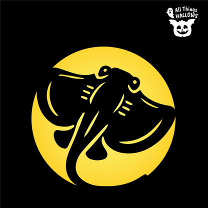 Stingray Pumpkin Stencil design featuring a detailed stingray silhouette with wide fins and a long curved tail against a glowing yellow circular background.