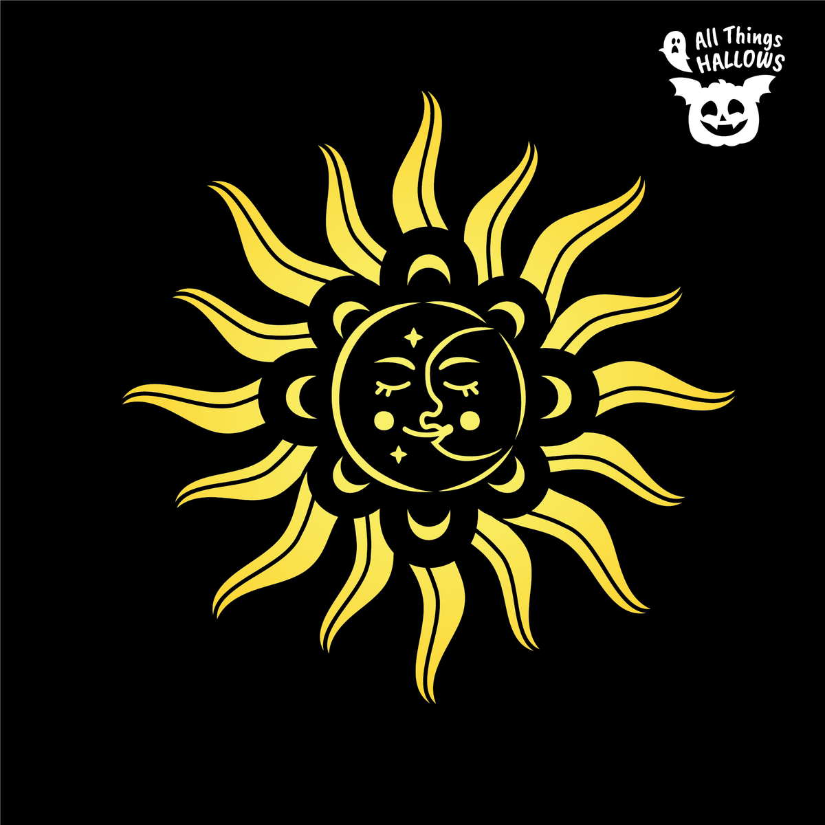 Tarot Sun and Moon Pumpkin Stencil design featuring a crescent moon face surrounded by detailed sun rays and celestial accents on a black background.