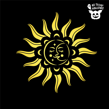Tarot Sun and Moon Pumpkin Stencil design featuring a crescent moon face surrounded by detailed sun rays and celestial accents on a black background.