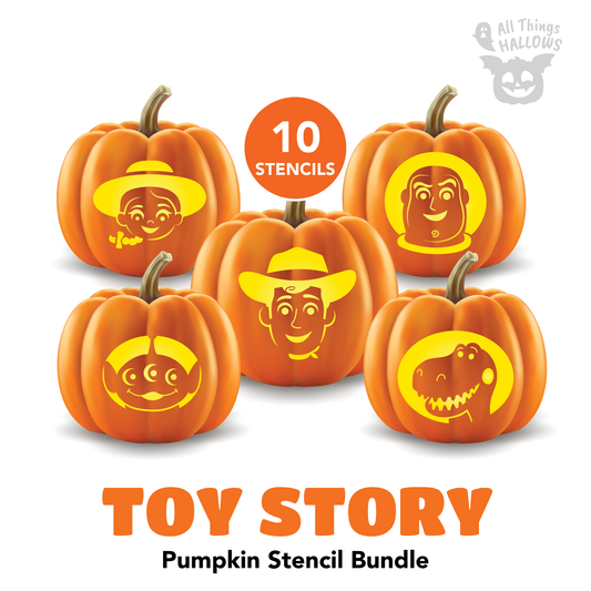 Toy Story Pumpkin Stencil Bundle with 10 printable carving designs featuring Woody, Buzz Lightyear, Jessie, Alien, Rex and other characters displayed on pumpkins.