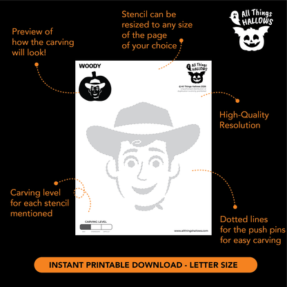 Printable Woody pumpkin stencil preview showing the carving pattern, resizing option, carving level and dotted push-pin guidelines.