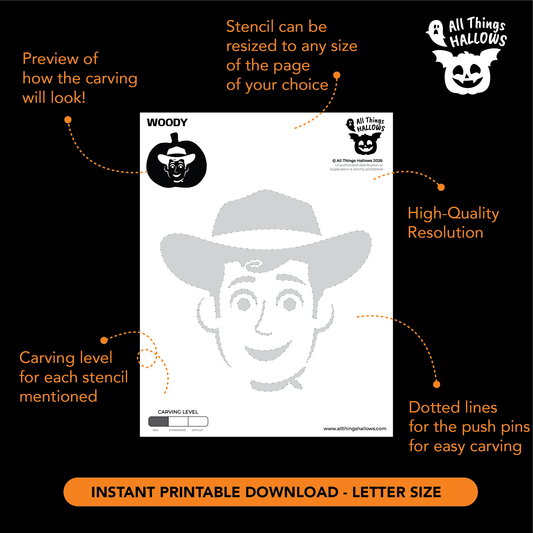 Printable Woody pumpkin stencil preview showing the carving pattern, resizing option, carving level and dotted push-pin guidelines.