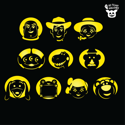 Toy Story Pumpkin Stencil Bundle showing 10 character carving designs including Buzz Lightyear, Woody, Jessie, Alien, Rex, Mr. Potato Head, Slinky Dog, Forky, Bo Peep and Lotso.