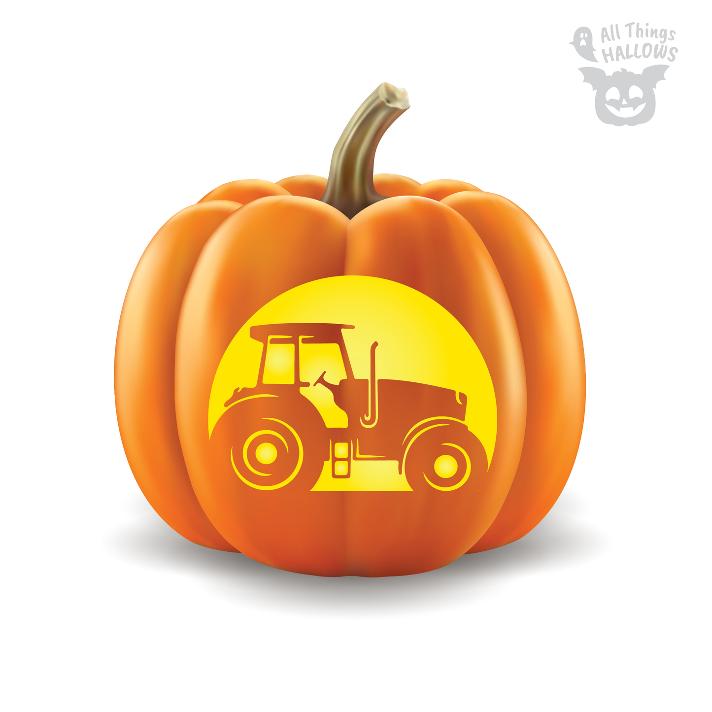 Printable Tractor Pumpkin Stencil showing a detailed tractor carving template with resizing, carving level and easy transfer instructions.