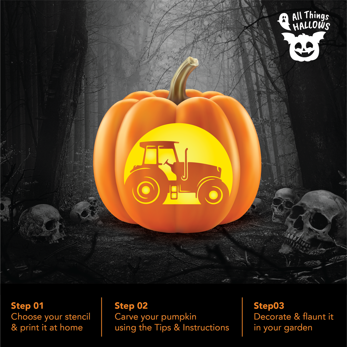 Carved pumpkin preview featuring a glowing tractor pumpkin stencil design displayed in a spooky Halloween forest setting.