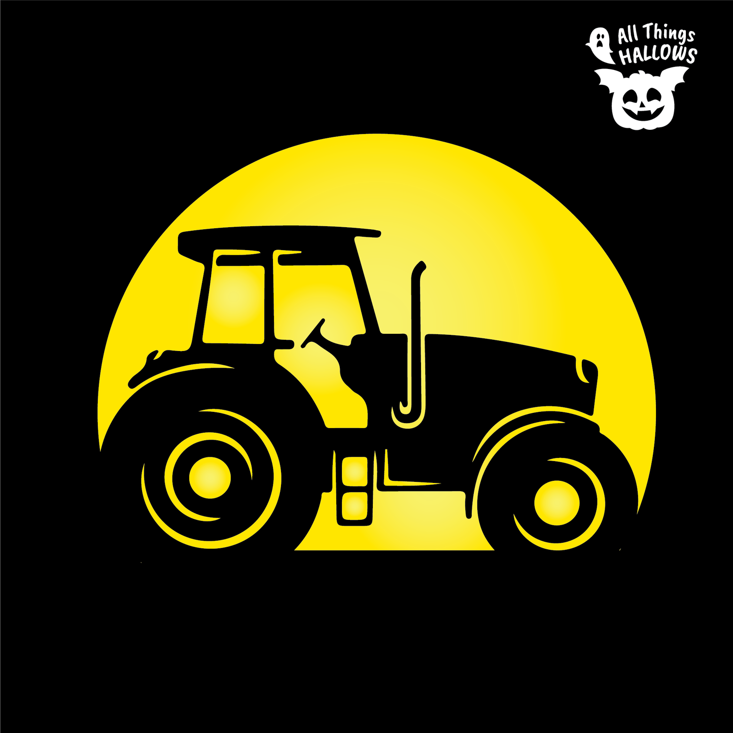 Tractor Pumpkin Stencil design featuring a detailed farm tractor silhouette inside a circular background for Halloween pumpkin carving.