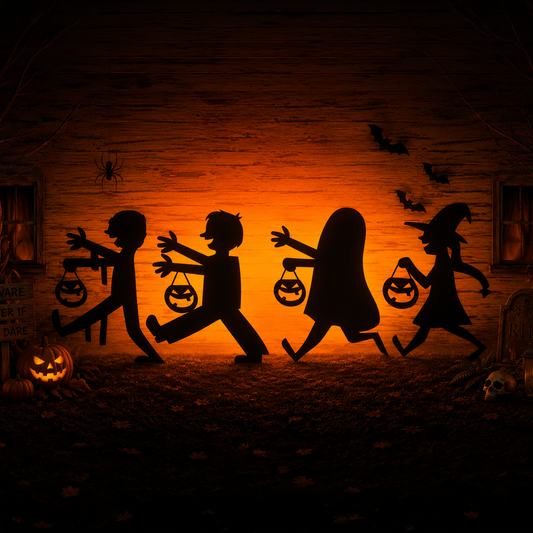 Halloween trick or treat yard stencil showing four children and a witch carrying pumpkin buckets in front of a spooky orange-lit house.