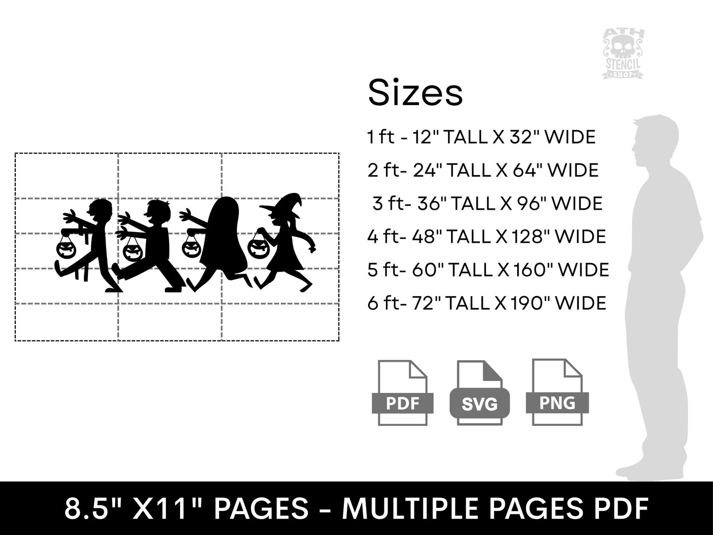 Trick or Treat yard stencil size guide showing 1 to 6 foot options, PDF, SVG and PNG file formats, and multi-page printing dimensions.