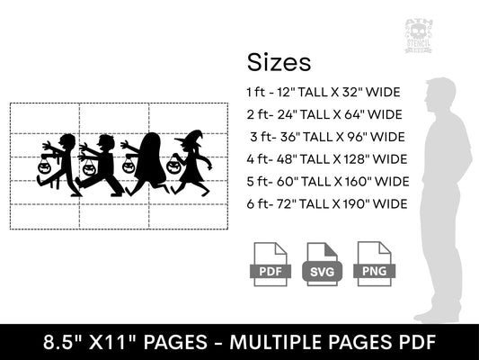 Trick or Treat yard stencil size guide showing 1 to 6 foot options, PDF, SVG and PNG file formats, and multi-page printing dimensions.