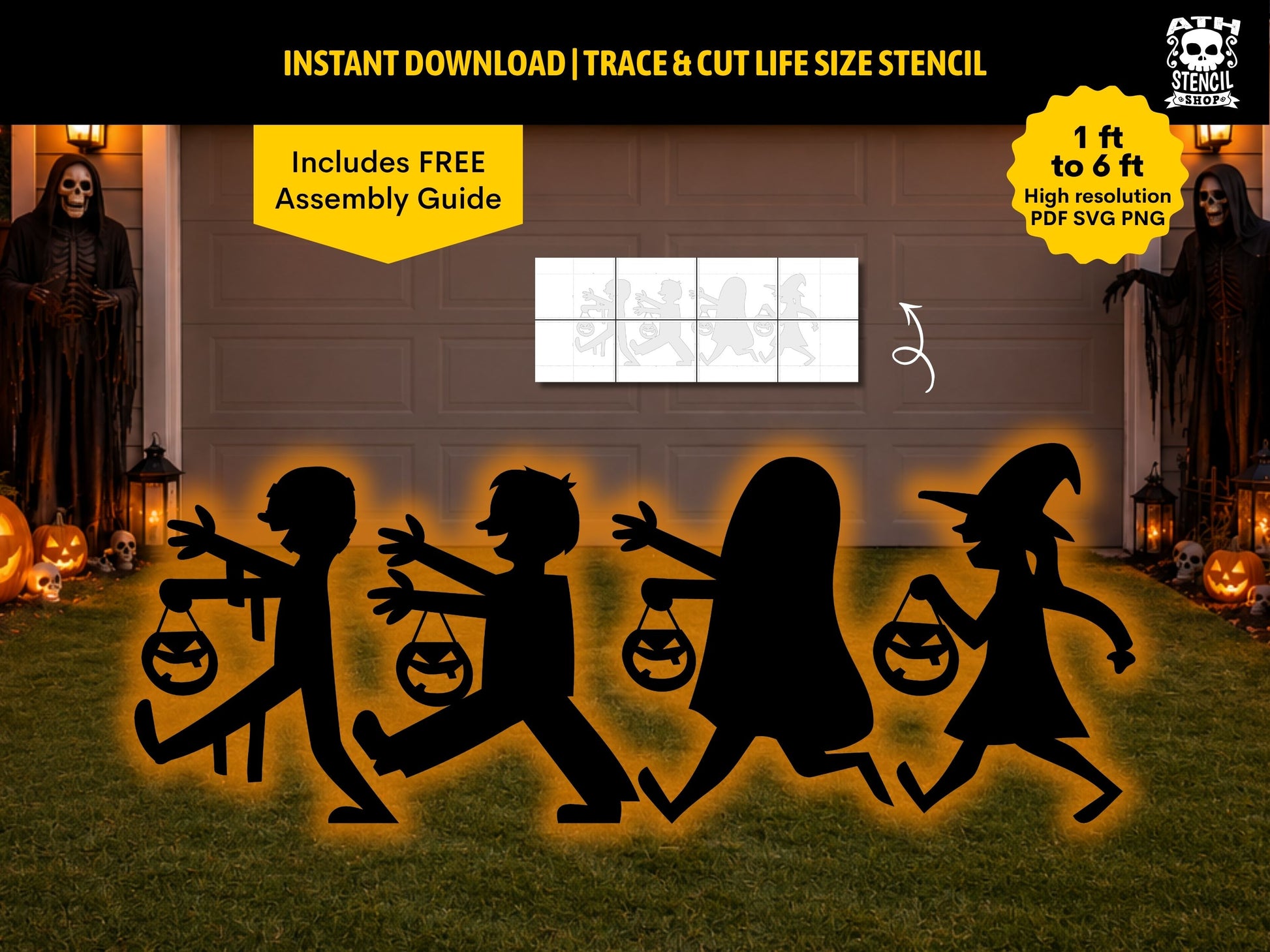 Large Trick or Treat Halloween yard stencil displayed on a lawn with four child and witch silhouettes, pumpkin buckets, and Halloween decorations.