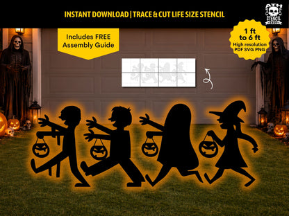 Large Trick or Treat Halloween yard stencil displayed on a lawn with four child and witch silhouettes, pumpkin buckets, and Halloween decorations.