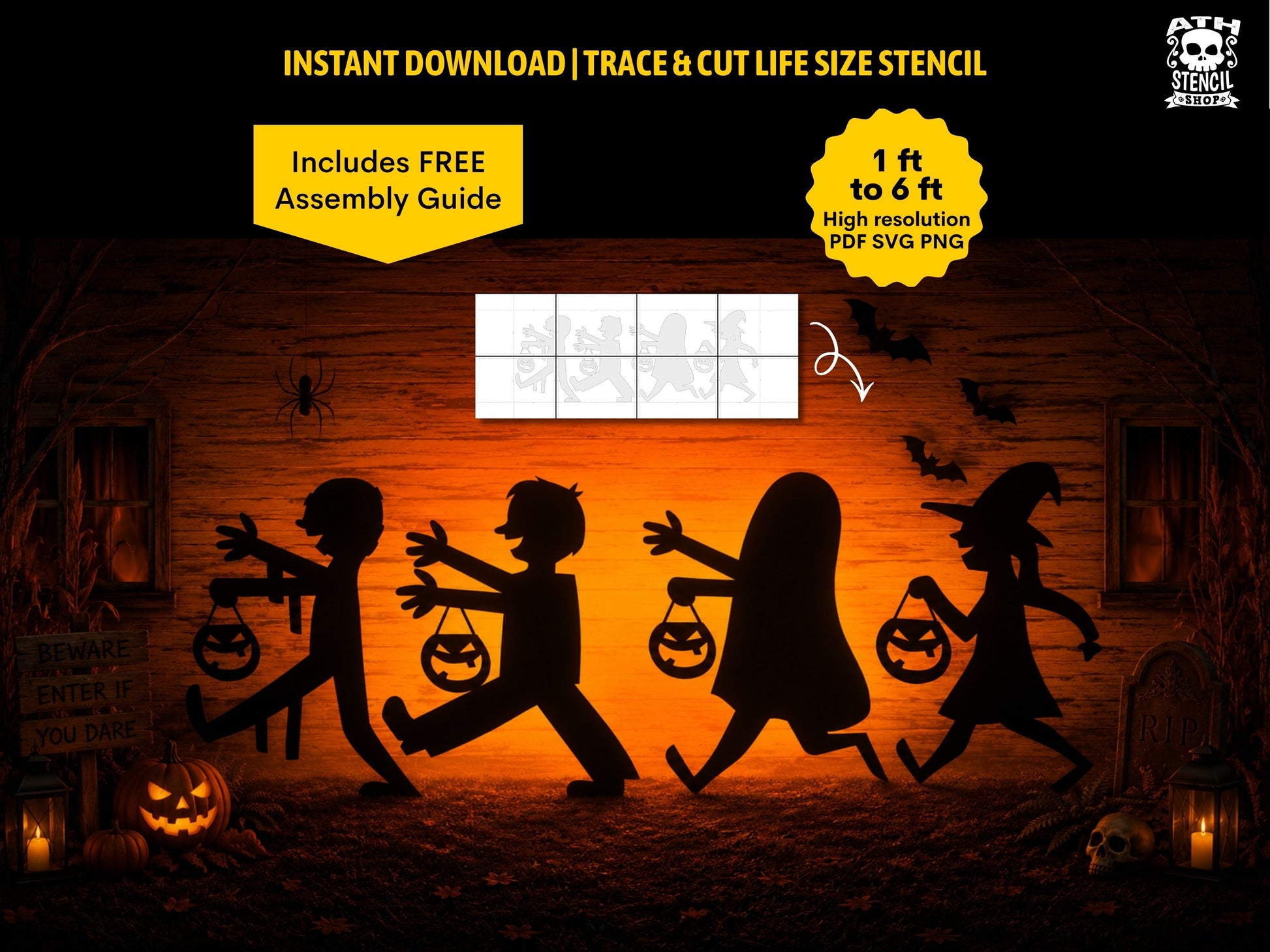 Trick or Treat yard stencil displayed as a large Halloween silhouette scene in front of a spooky house, with four figures carrying pumpkin buckets and an instant download message.