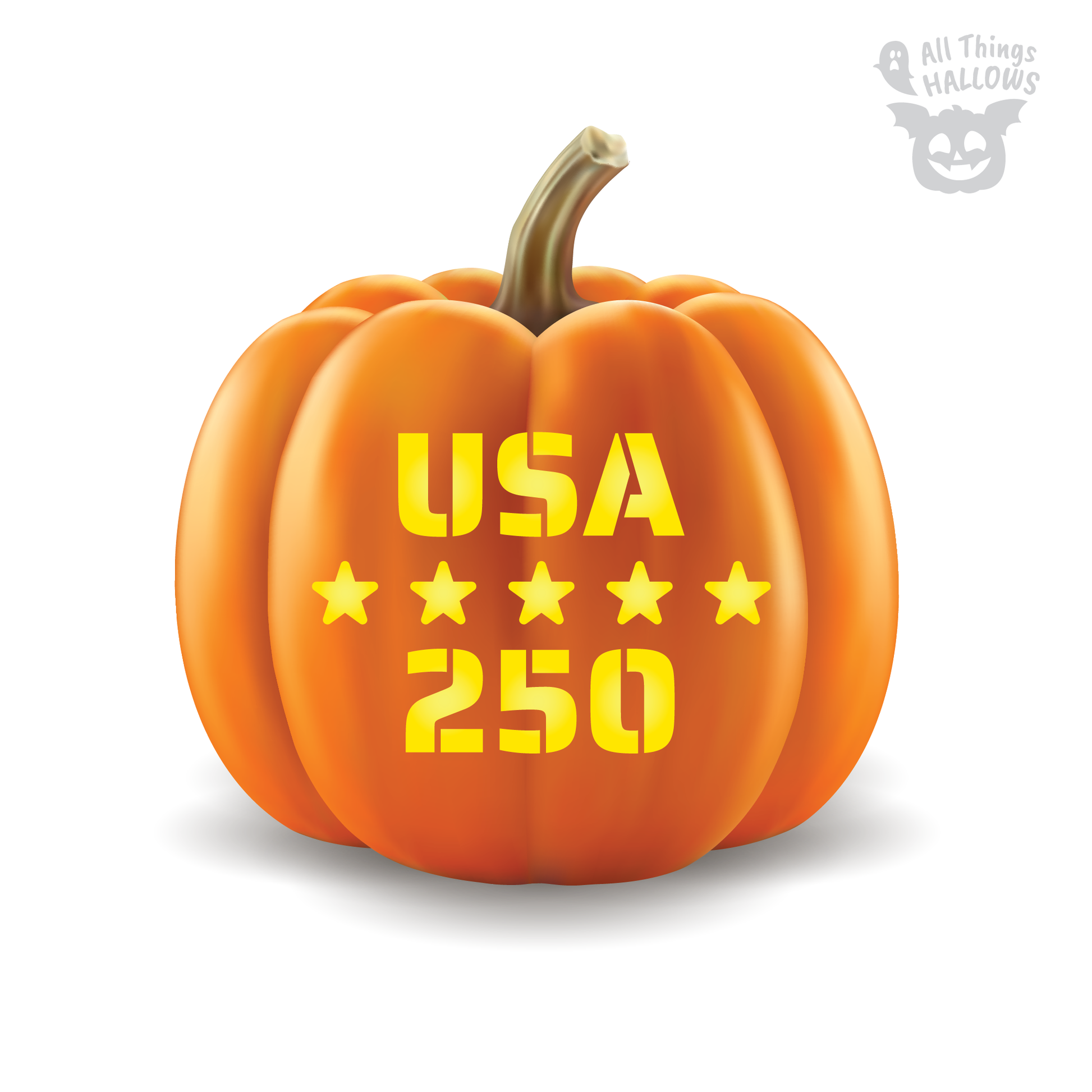 USA 250 Pumpkin Stencil displayed on an orange pumpkin with bold USA lettering, five stars, and 250 design.